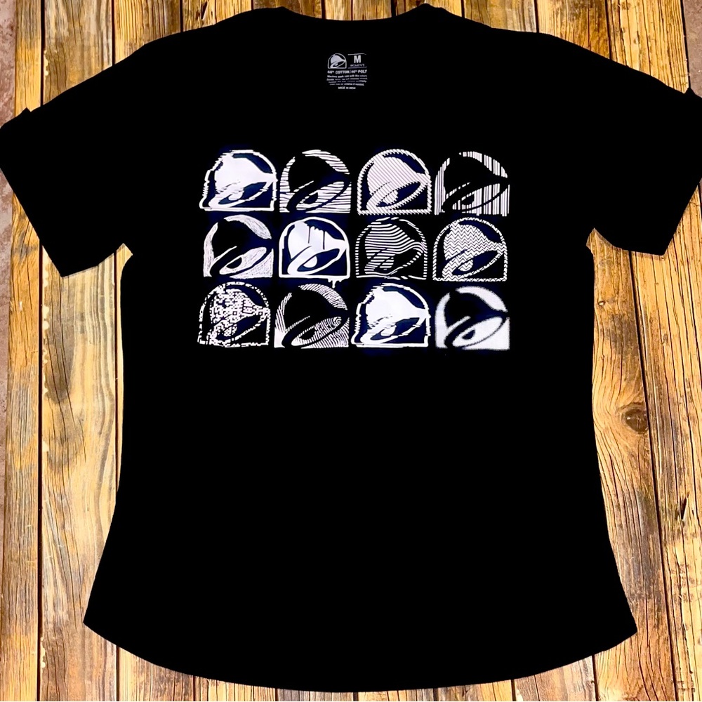 NEW Taco Bell crew tee shirt uniform top black logo tabbed sleeves Women’s Med